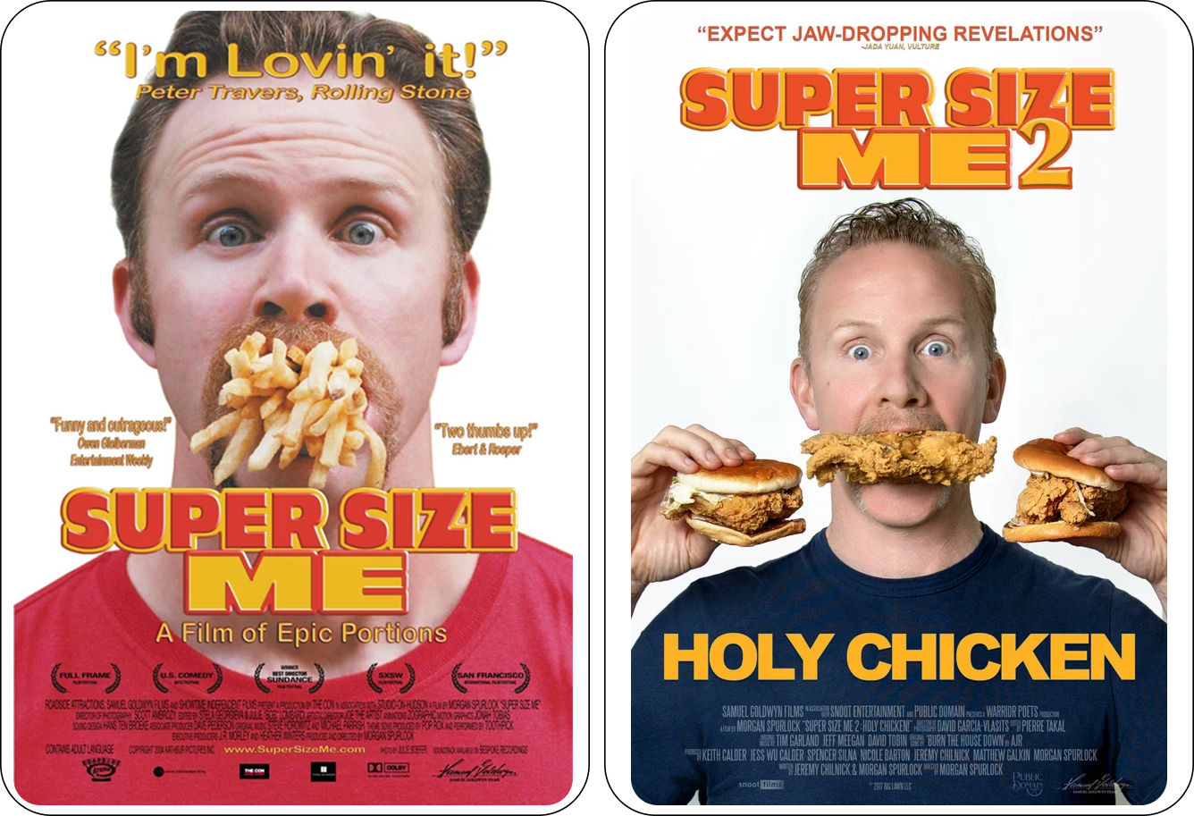 Постеры документальных фильмов Super Size Me о вреде фастфуда