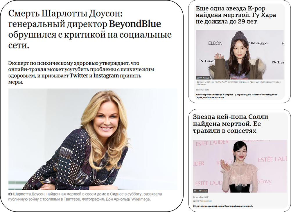 Примеры трагических последствий кибербуллинга и онлайн-травли в соцсетях: Шарлотта Доусон, Гу Хара и Солли