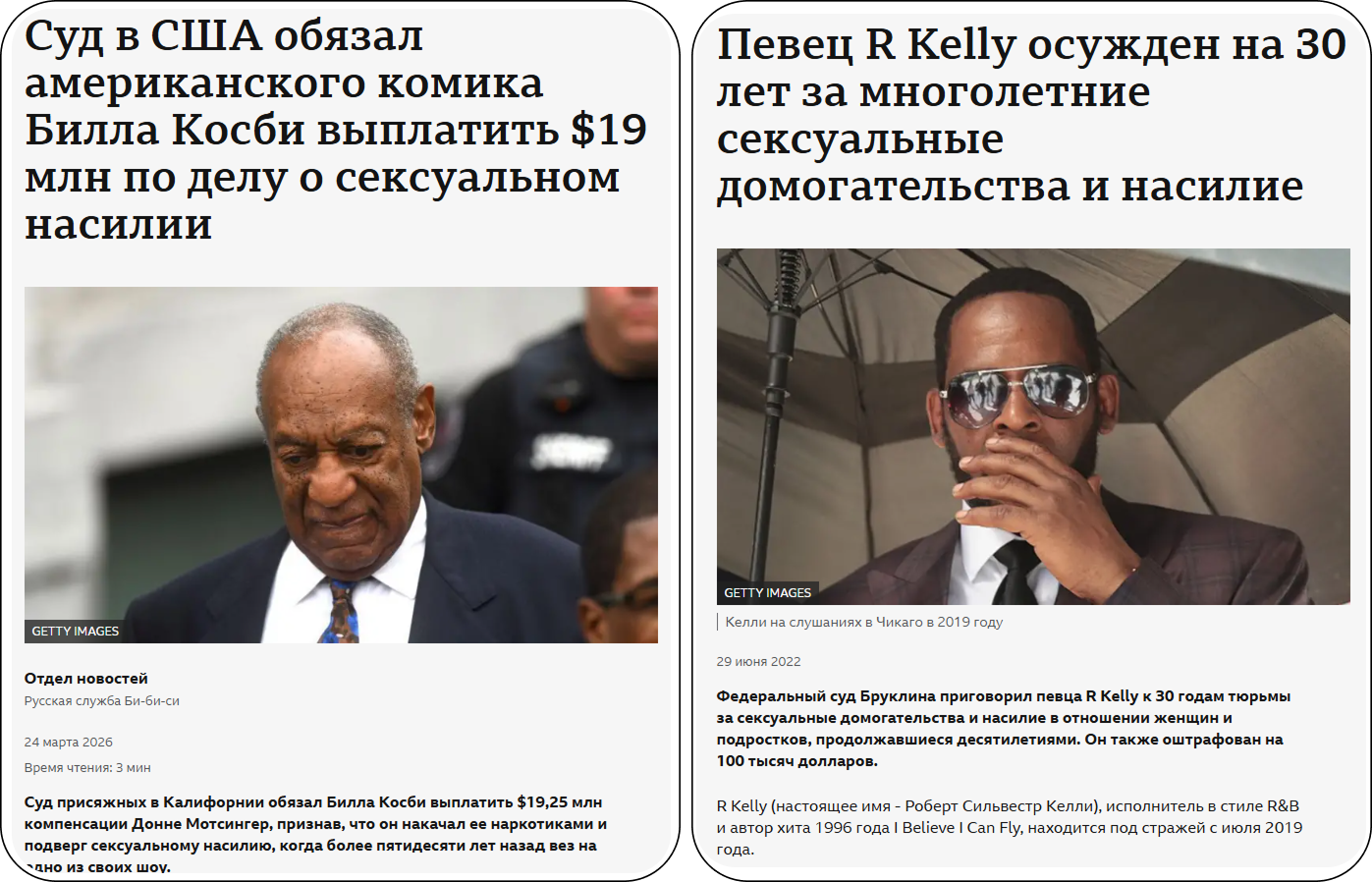 Публикации СМИ о приговорах Биллу Косби и R Kelly